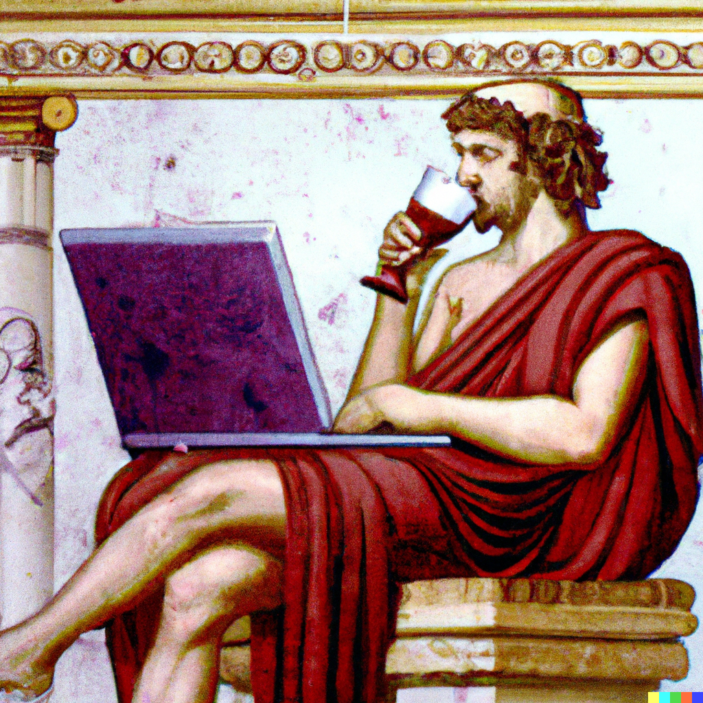picture of an ancient greek drinking tasting wine in front of a laptop
